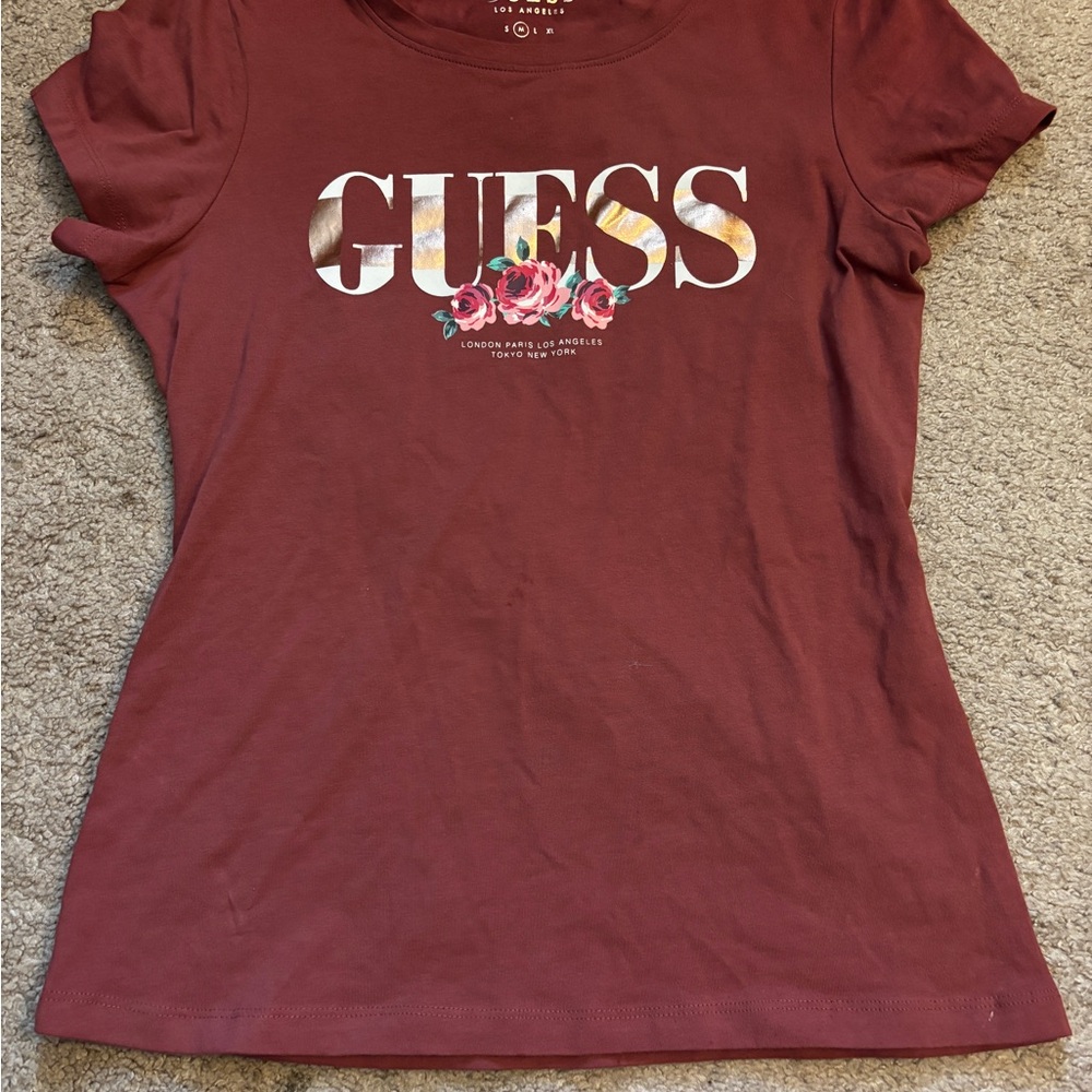 GUESS Women's Maroon Tee with Floral Logo